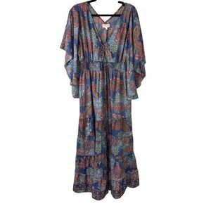 Boemo Womens L Paisley Maxi Dress Butterfly Sleeve Smocked Waist Tie Front Blue